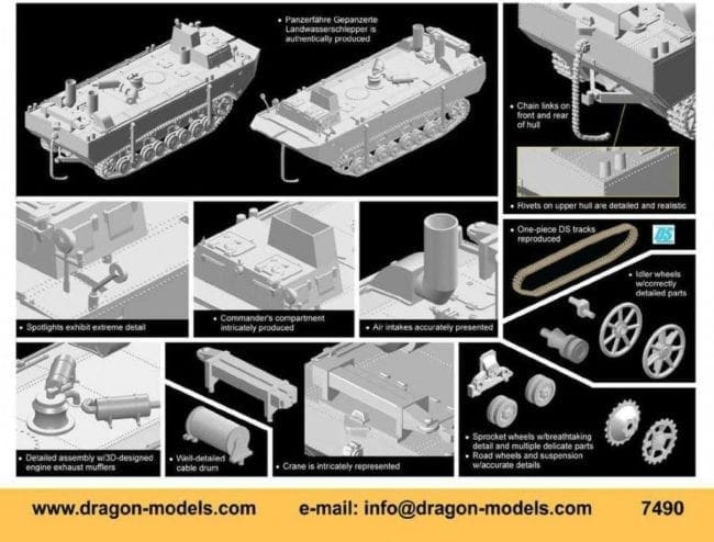 Dragon - 7490 - Panzerfähre Gepanzerte Landwasserschlepper Prototype Nr.II model kit features