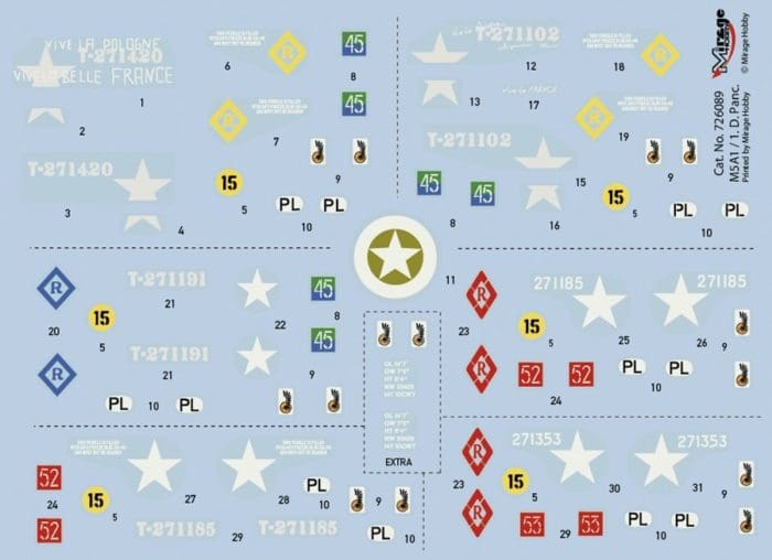 Decal sheet Mirage Hobby 726089, "Stuart Mk.VI" M5A1 (Late) Light Tank.
